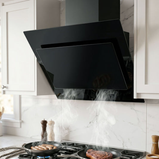 Devanti 90cm Range Hood Black Glass Rangehood 900mm