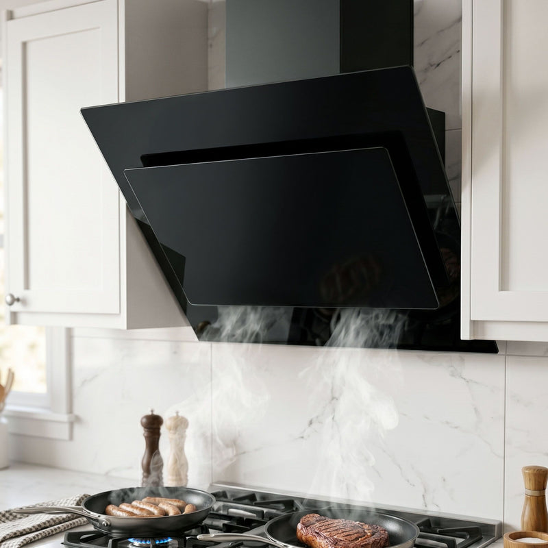 Devanti 90cm Range Hood Black Glass Rangehood 900mm