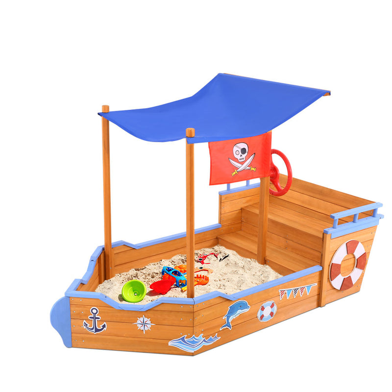 Keezi Kids Sandpit Wooden Boat 165cm w/ Canopy Bench Seat