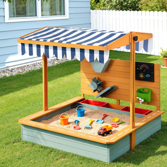 Keezi Kids Sandbox 110cm Wooden Canopy Cover Outdoor Toys Green