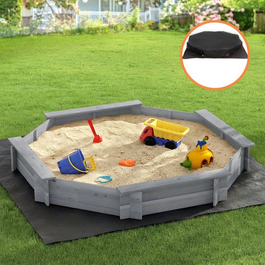 Keezi Kids Wooden Sand Pit 182cm Round Cover Bench Seat Grey