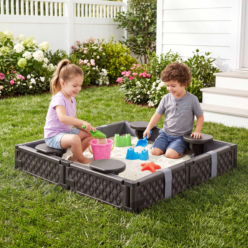 Keezi Kids Sandpit Sandbox With Cover 4 Seats Outdoor Sand Box Brown