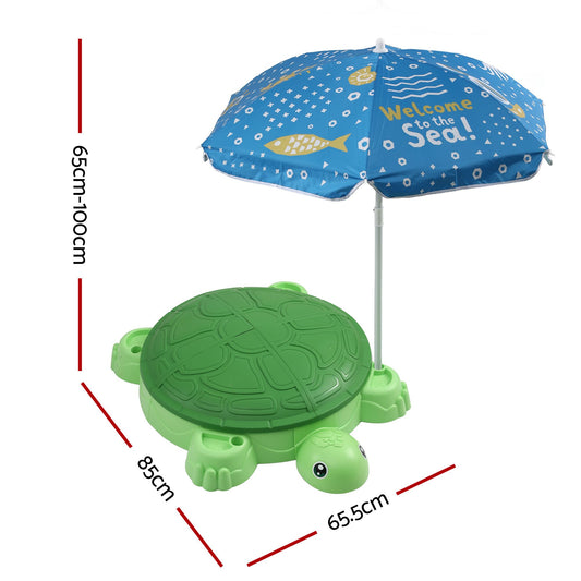 Keezi Kids Sandpit Turtle Sandbox Toys with Umbrella Lid Green 8 Accessories 3+