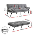 Artiss Sofa Bed 3 Seater Convertible Recliner Fabric Grey