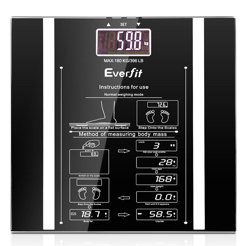 Everfit Body Fat Bathroom Scale 180KG Digital Weight Analyser