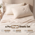 Giselle Single Sheet Set 150 GSM Anti-pilling Micro Flannel, Fast Drying Lightweight 4 Piece, 40CM Deep Pocket Fits Thick Mattress, Cream White