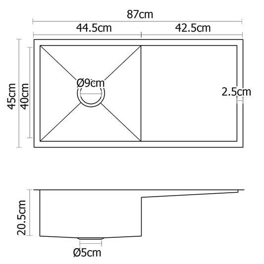 Cefito Kitchen Sink 87X45CM Stainless Steel Basin Single Bowl Silver
