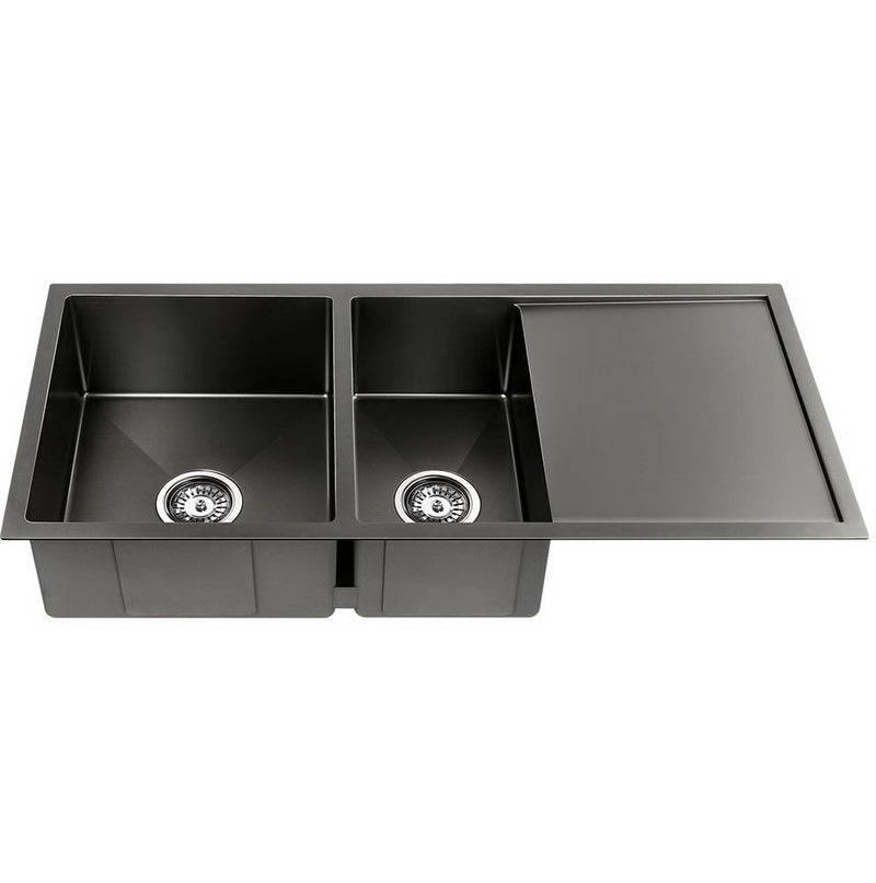 Cefito Kitchen Sink 100x45cm Double Bowl Nano Black Stainless
