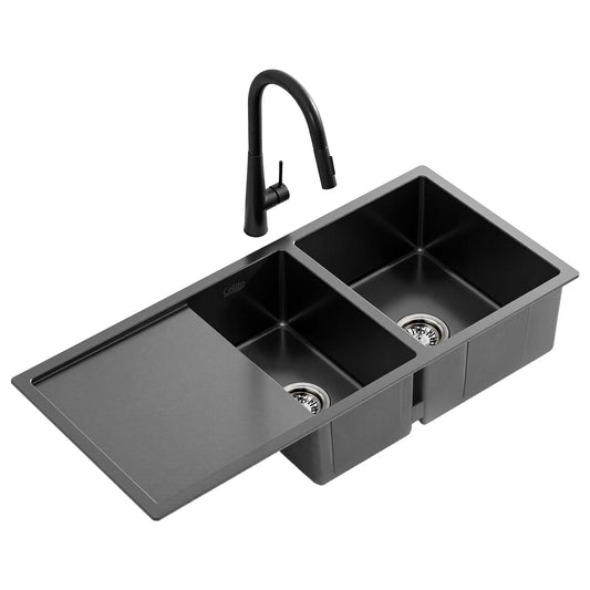 Cefito Stainless Steel Sink 100x45CM Double Bowl Pull Out Tap