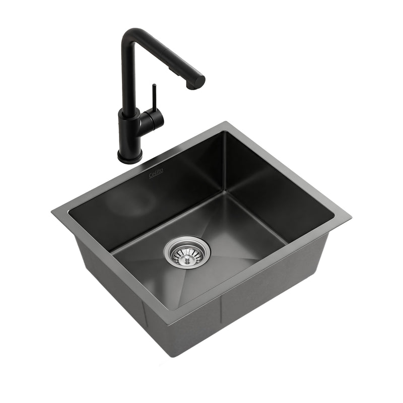 Cefito 44x44cm Stainless Steel Sink Black Pull Out Mixer Tap