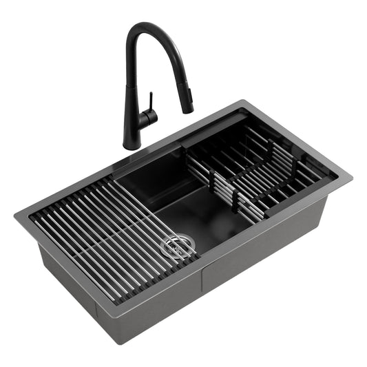 Cefito 70x45cm Stainless Steel Sink Black Single Bowl Pull Out Tap