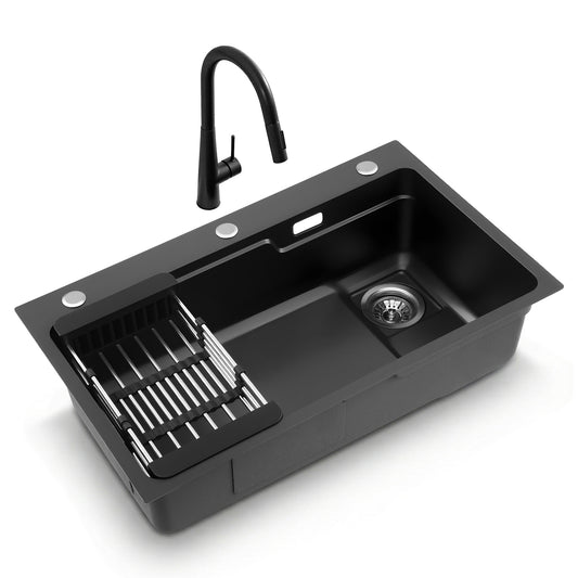 Cefito Stainless Steel Sink 75x45cm Black Pull Out Mixer Tap