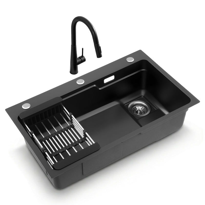 Cefito Stainless Steel Sink 75x45cm Black Pull Out Mixer Tap