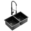 Cefito Stainless Steel Sink 77x45cm Double Bowl Black Pull Out Tap
