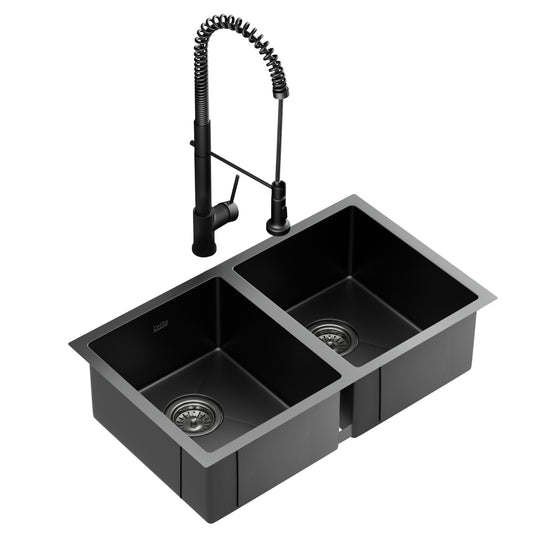 Cefito Stainless Steel Sink 77x45cm Double Bowl Black Pull Out Tap