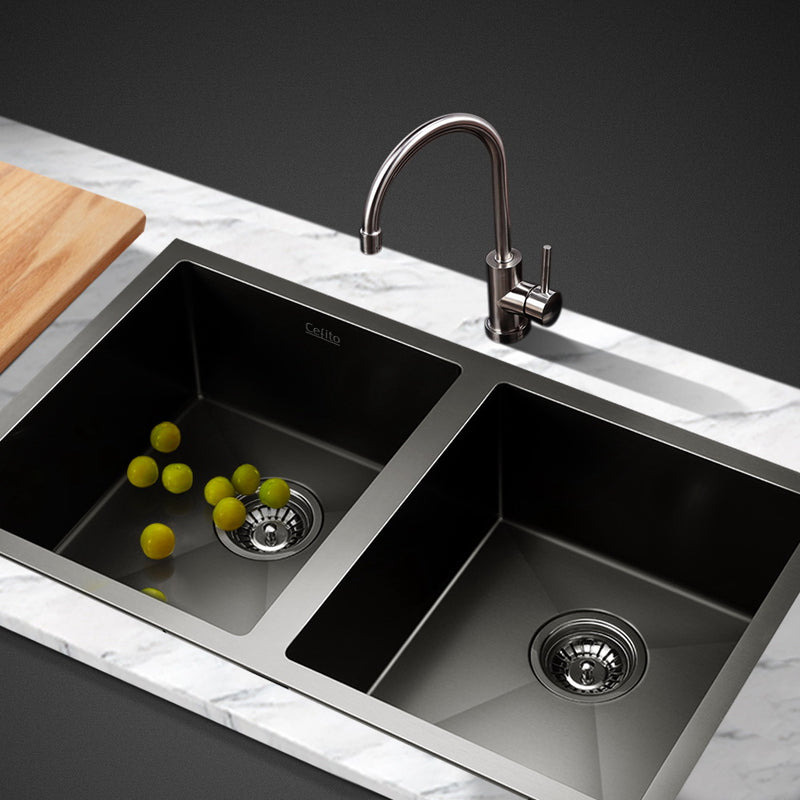 Cefito Kitchen Sink 77x45cm Stainless Steel Double Bowl Black