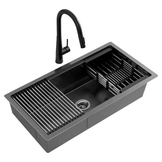 Cefito Stainless Steel Sink 81x45cm Black Single Bowl Pull Out Tap