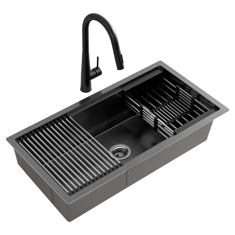 Cefito Stainless Steel Sink 81x45cm Black Single Bowl Pull Out Tap