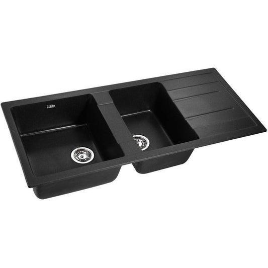 Cefito Granite Stone Kitchen Sink 1160x500 Double Bowl Black