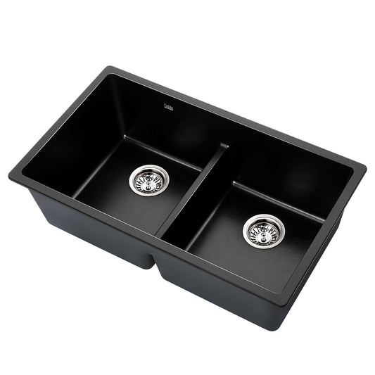 Cefito Stone Kitchen Sink 790x460mm Double Bowl Granite Black