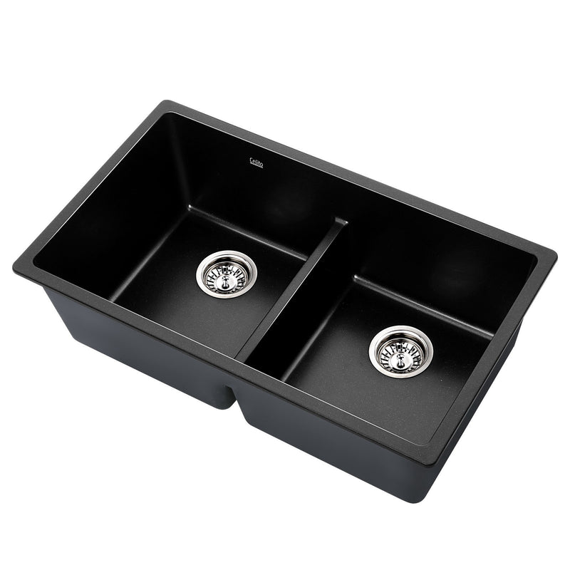 Cefito Stone Kitchen Sink 790x460mm Double Bowl Granite Black