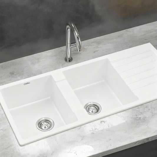 Cefito Granite Double Bowl Kitchen Sink 116x50cm White