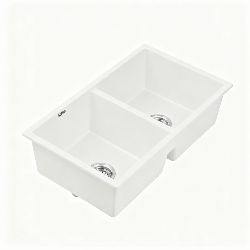 Cefito 77x45cm Double Bowl Granite Stone Kitchen Sink White