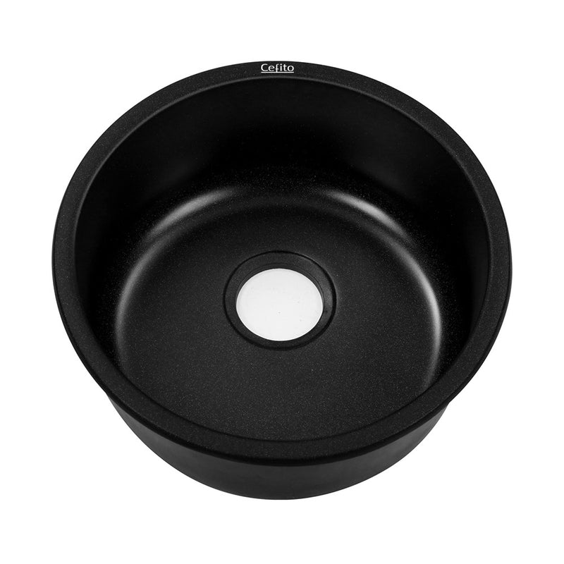 Cefito 430mm Round Granite Stone Kitchen Sink Black Undermount