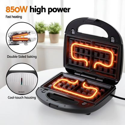 Devanti 3-in-1 Sandwich Press Waffle Maker Panini Press Grill 850W