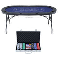 8 Player 1.8m Folding Poker Table and 300pcs Chips Set Portable Card Game Blue Layout Blue