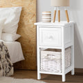 Artiss Bedside Table 1 Drawer Basket Rustic White x2