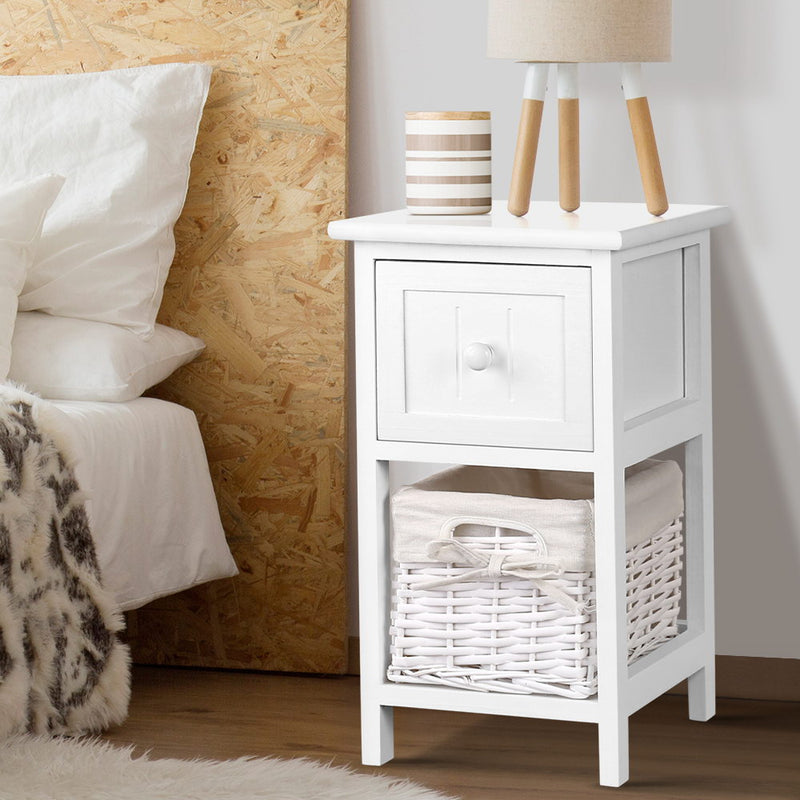 Artiss Bedside Table 1 Drawer Basket Rustic White x2
