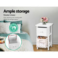 Artiss Bedside Table 1 Drawer Basket Rustic White x2