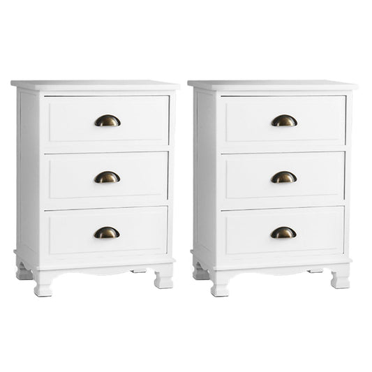 Artiss Bedside Table 3 Drawer Vintage White 2 Pack