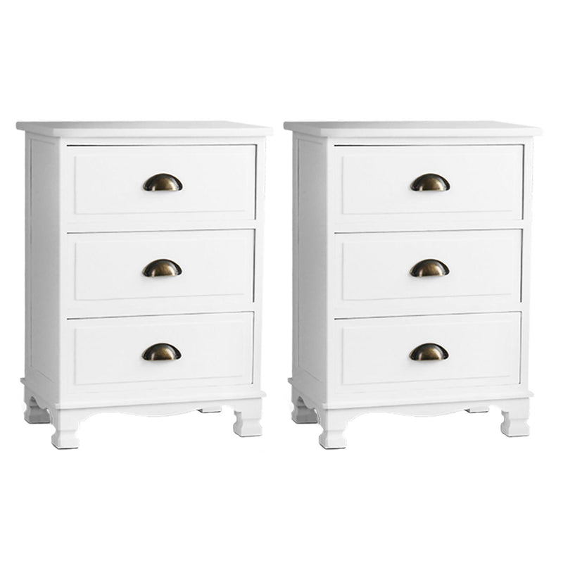 Artiss Bedside Table 3 Drawer Vintage White 2 Pack