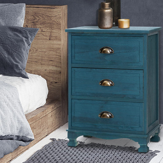 Artiss Bedside Table 3 Drawer Vintage Thyme Blue