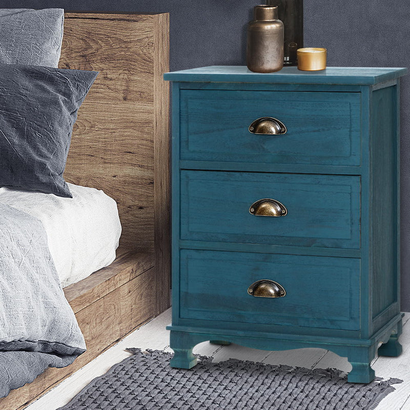 Artiss Bedside Table 3 Drawer Vintage Thyme Blue