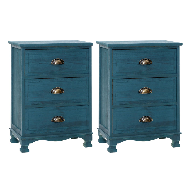 Artiss Bedside Table 3 Drawer Vintage Thyme Blue 2 Pack