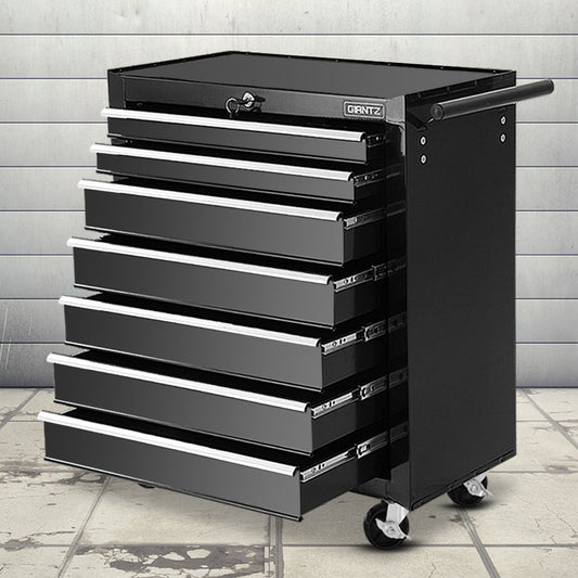 Giantz 7 Drawer Tool Box Cabinet Trolley Black Garage Storage