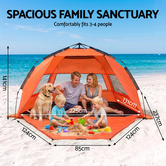 Weisshorn Beach Tent 3-4 Person Pop Up Sun Shade UPF 50 Automatic Outdoor Orange