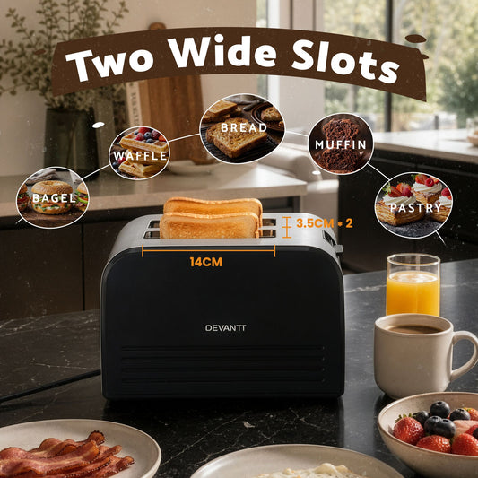 Devanti 2-Slice Toaster, LED Display 3.5cm Wide Slots 6 Browning Levels