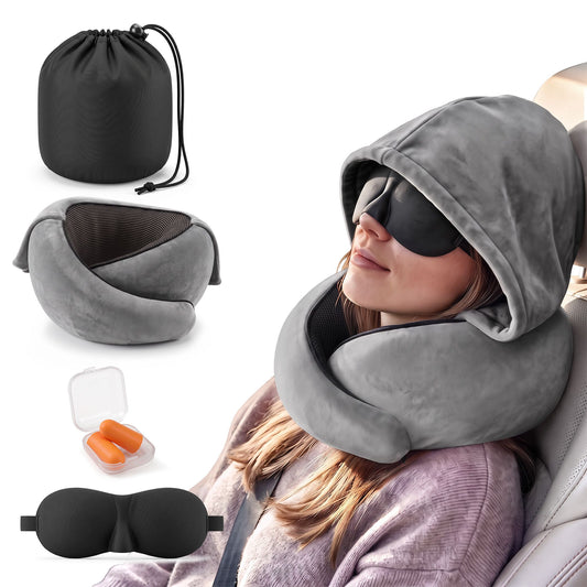 Wanderlite Hooded Travel Neck Pillow for Airplane Memory Foam with Eye Mask Earplugs, Dark Grey