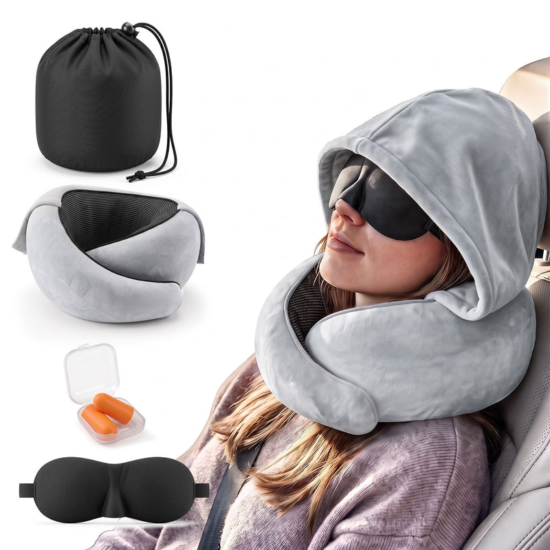 Wanderlite Hooded Travel Neck Pillow for Airplane Memory Foam with Eye Mask Earplugs, Light Grey