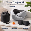 Wanderlite Hooded Travel Neck Pillow for Airplane Memory Foam with Eye Mask Earplugs, Light Grey