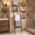 Devanti 5-Tier Blanket Ladder with Anti-Tip Kit, Towel Rack for Bathroom, Quilt Rack with 5 Hooks for Clothes and Bags, Black Metal and Rustic Wood Leaning Ladder Shelf, 44x160cm