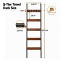 Devanti 5-Tier Blanket Ladder with Anti-Tip Kit, Towel Rack for Bathroom, Quilt Rack with 5 Hooks for Clothes and Bags, Black Metal and Rustic Wood Leaning Ladder Shelf, 44x160cm
