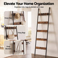 Devanti 5-Tier Blanket Ladder with Anti-Tip Kit, Towel Rack for Bathroom, Quilt Rack with 5 Hooks for Clothes and Bags, Black Metal and Rustic Wood Leaning Ladder Shelf, 44x160cm