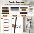 Devanti 5-Tier Blanket Ladder with Anti-Tip Kit, Towel Rack for Bathroom, Quilt Rack with 5 Hooks for Clothes and Bags, Black Metal and Rustic Wood Leaning Ladder Shelf, 44x160cm