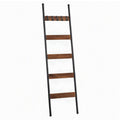 Devanti 5-Tier Blanket Ladder with Anti-Tip Kit, Towel Rack for Bathroom, Quilt Rack with 5 Hooks for Clothes and Bags, Black Metal and Rustic Wood Leaning Ladder Shelf, 44x160cm