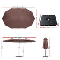 Instahut Outdoor Umbrella w/Base 4.57m Solar 48 LED Double-Sided Patio Parasol Brown